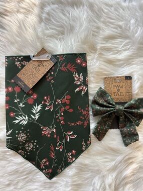 Green Floral Dog Bandana with Matching Bow for large dog